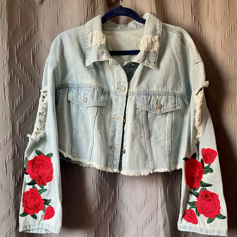 SHEIN Light Blue Jean Jacket with Red Rose Embroidery